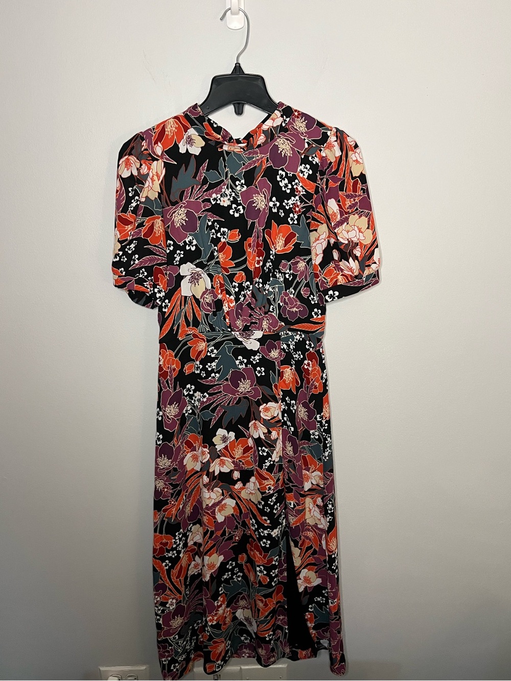 Julia Jordan  Puff Sleeve Midi Dress Black with Orange & Purple Floral Print S2 - Picture 4 of 16